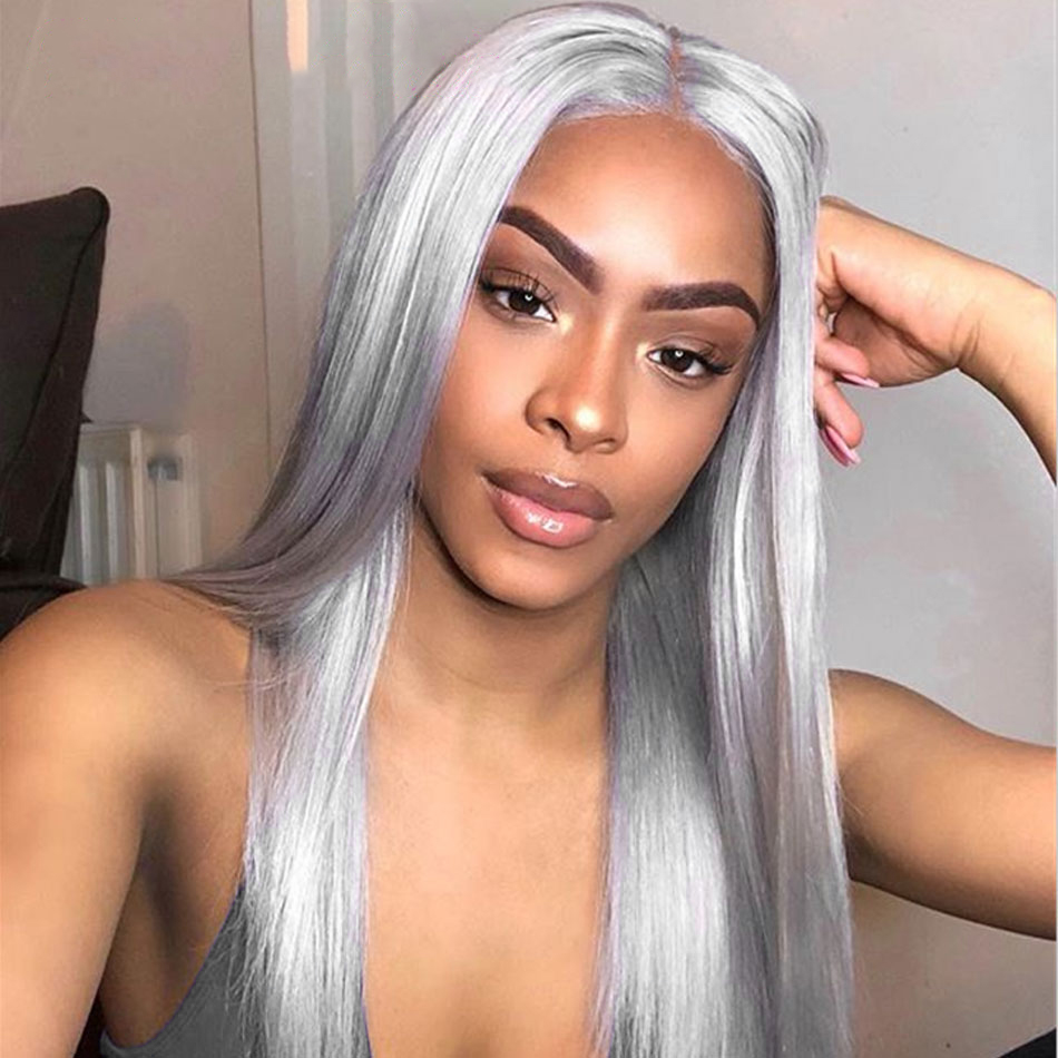 Uglam Grey Color 13x4 Lace Front Wig Striaght Humanhair